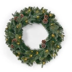 24 In. Green Battery Operated Pre-Lit Warm White LED Mixed Spruce Artificial Christmas Wreath With Pine Cones