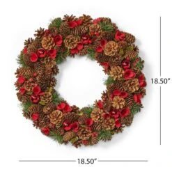 18.5 In. Natural Brown And Red Glitter Unlit Artificial Christmas Wreath With Pine Cones -Christmas Decor Shop noble house christmas wreaths 84048 1f 1000