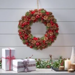 18.5 In. Natural Brown And Red Glitter Unlit Artificial Christmas Wreath With Pine Cones -Christmas Decor Shop noble house christmas wreaths 84048 31 1000