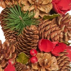 18.5 In. Natural Brown And Red Glitter Unlit Artificial Christmas Wreath With Pine Cones -Christmas Decor Shop noble house christmas wreaths 84048 44 1000