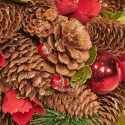 18.5 In. Natural Brown And Red Glitter Unlit Artificial Christmas Wreath With Pine Cones -Christmas Decor Shop noble house christmas wreaths 84048 4f 1000