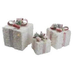 Northlight 10 In. Frosted Rattan Christmas Gift Boxes With Pinec1s Set Of 3 LED