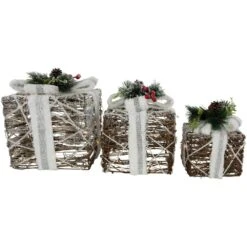 Northlight LED Lighted Gift Boxes With Pine And Berries Christmas Decorations-9.75"-Set Of 3 -Christmas Decor Shop northlight christmas centerpieces 35250604 1f 1000
