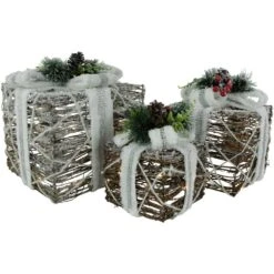 Northlight LED Lighted Gift Boxes With Pine And Berries Christmas Decorations-9.75"-Set Of 3