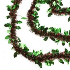 Northlight 50 Ft. 8 Ply Unlit Shiny Red And Green Christmas Tinsel Garland With Green Holly
