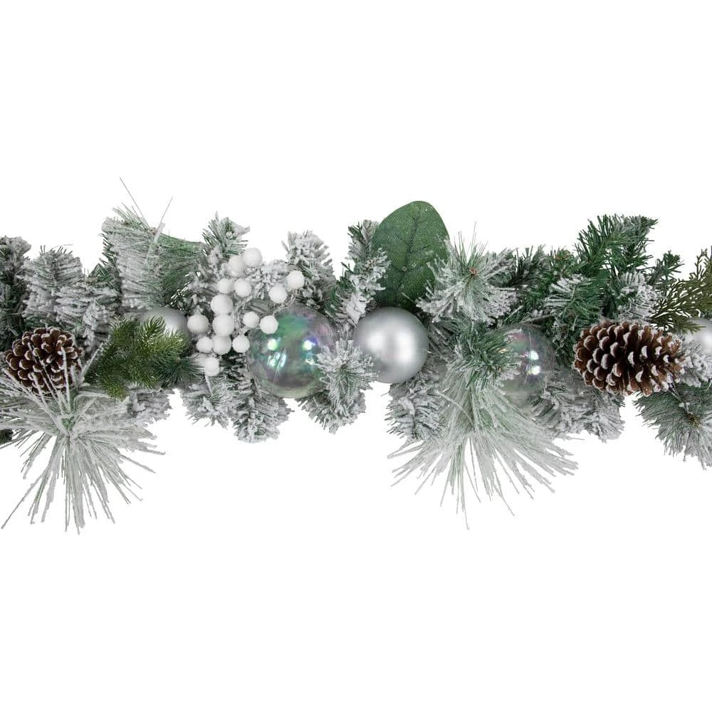 Northlight 6 Ft. Flocked Pine Artificial Christmas Garland With Iridescent Ornaments Unlit 6 Northlight 6 Ft. Flocked Pine Artificial Christmas Garland With Iridescent Ornaments Unlit - Image 4