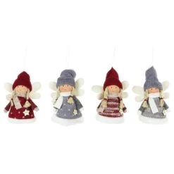 Northlight Plush Angel Girl Hanging Christmas Ornaments-4.25 In. Red And Gray-Set Of 4