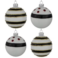 Northlight 3 In. (80 Mm) Shiny White And Black Striped Christmas Glass Ball Ornaments (Set Of 4)
