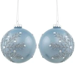Northlight Set Of 2 Shiny Stone Blue Glitter Snowflakes Glass Christmas Ball Ornaments 4 In.