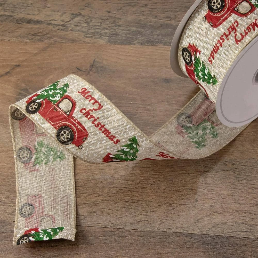 Northlight 2.5 In. X 16 Yds. Red Trucks And Christmas Tree Wired Craft Beige Ribbon 5 Northlight 2.5 In. X 16 Yds. Red Trucks And Christmas Tree Wired Craft Beige Ribbon - Image 3