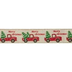 Northlight 2.5 In. X 16 Yds. Red Trucks And Christmas Tree Wired Craft Beige Ribbon
