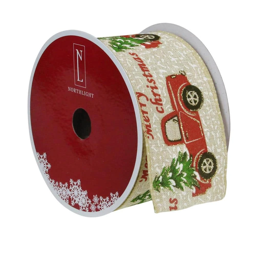 Northlight 2.5 In. X 16 Yds. Red Trucks And Christmas Tree Wired Craft Beige Ribbon 4 Northlight 2.5 In. X 16 Yds. Red Trucks And Christmas Tree Wired Craft Beige Ribbon - Image 2