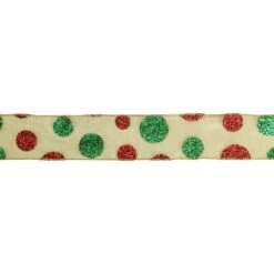 Northlight 2.5 In. X 16 Yds. Red And Green Glitter Polka Dots On Metallic Gold Wired Ribbon