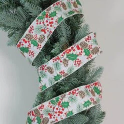 Northlight 2.5 In. X 16 Yds. Glitter Holly Berries And Pinecones Cream Wired Ribbon -Christmas Decor Shop northlight christmas tree ribbon 33531408 31 1000