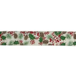Northlight 2.5 In. X 16 Yds. Glitter Holly Berries And Pinecones Cream Wired Ribbon