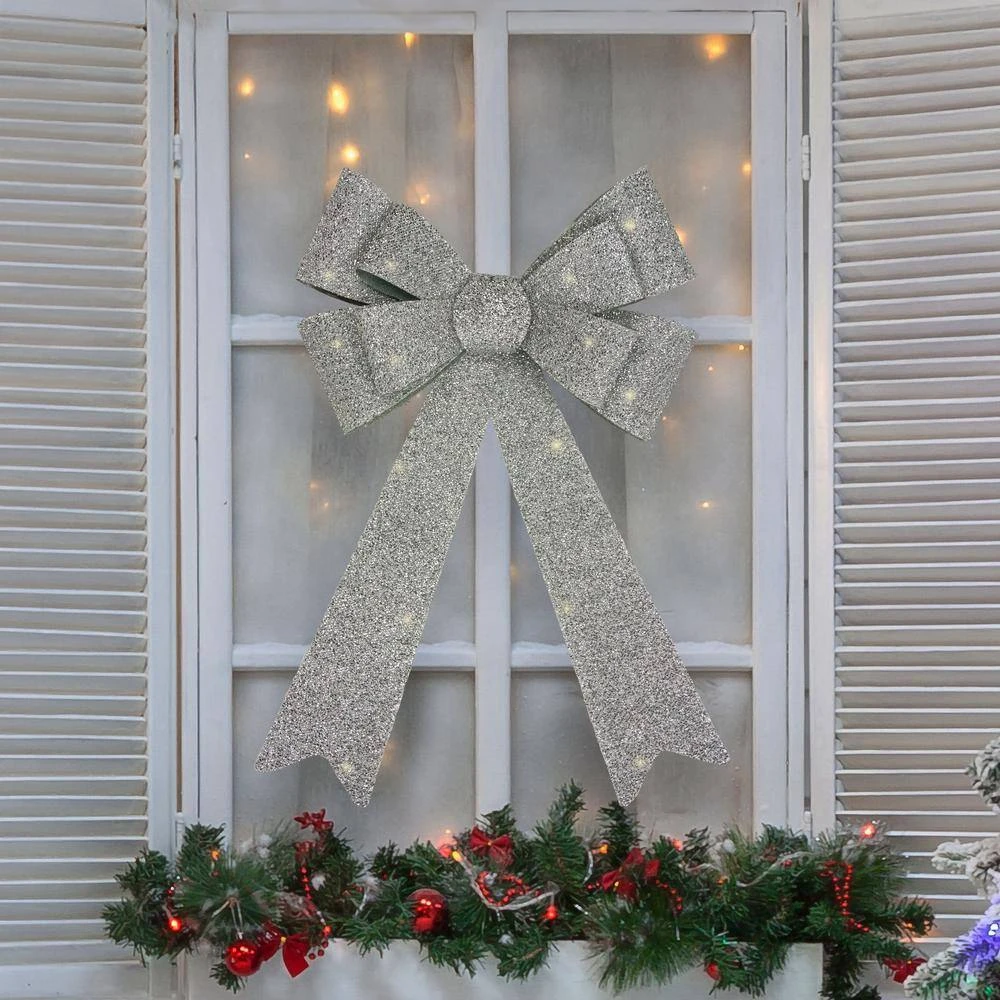 Northlight 16 In. W LED Lighted Silver Tinsel Christmas Bow Decoration 6 Northlight 16 In. W LED Lighted Silver Tinsel Christmas Bow Decoration - Image 4