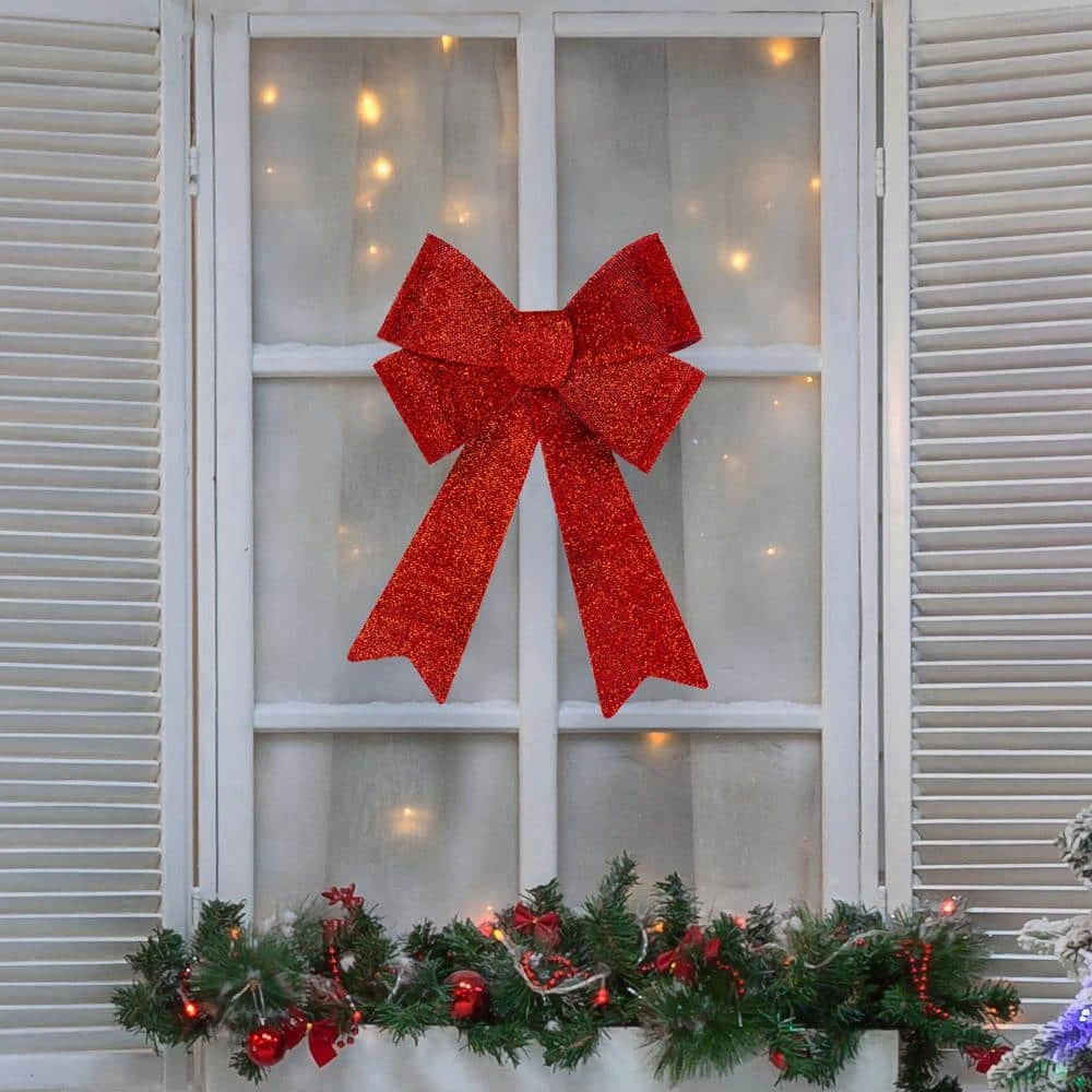 Northlight 12 In. W Red Tinsel 4-Loop Christmas Bow Decoration 5 Northlight 12 In. W Red Tinsel 4-Loop Christmas Bow Decoration - Image 3