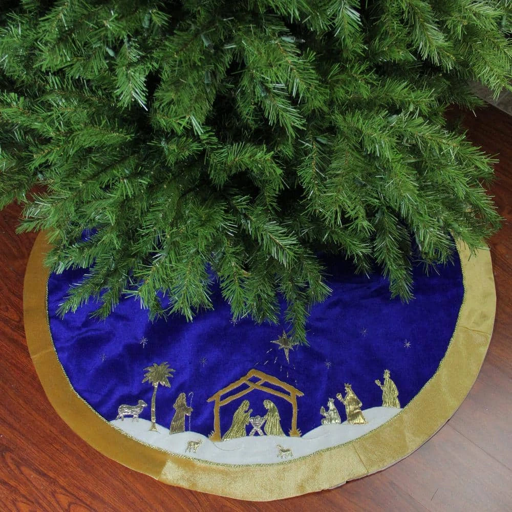 Northlight 48 In. Blue And Gold Nativity Scene Christmas Tree Skirt With Gold Border 4 Northlight 48 In. Blue And Gold Nativity Scene Christmas Tree Skirt With Gold Border - Image 2