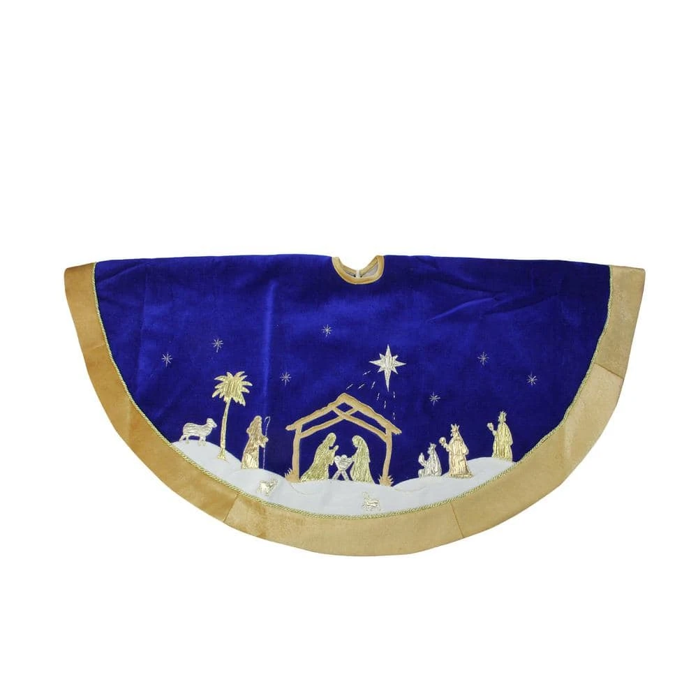 Northlight 48 In. Blue And Gold Nativity Scene Christmas Tree Skirt With Gold Border 3 Northlight 48 In. Blue And Gold Nativity Scene Christmas Tree Skirt With Gold Border