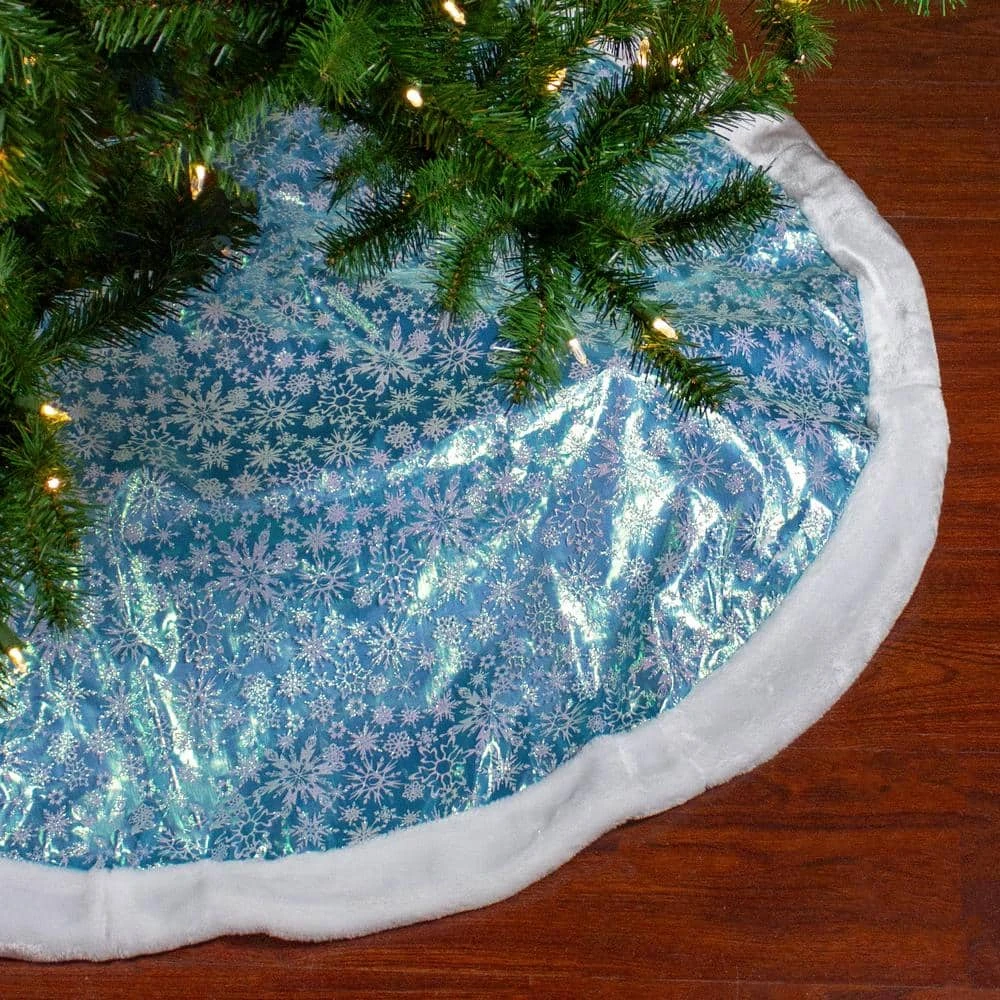 Northlight 48 In. Light Blue Iridescent Mesh Glittered Snowflakes Christmas Tree Skirt 5 Northlight 48 In. Light Blue Iridescent Mesh Glittered Snowflakes Christmas Tree Skirt - Image 3