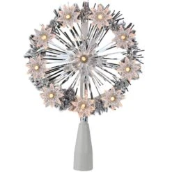 Northlight 7 In. Silver Tinsel Snowflake Starburst Christmas Tree Topper - Clear Lights