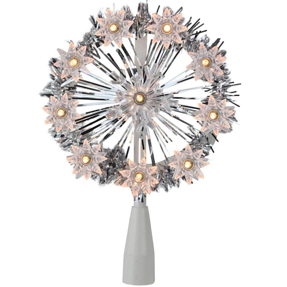 Northlight 7 In. Silver Tinsel Snowflake Starburst Christmas Tree Topper - Clear Lights 3 Northlight 7 In. Silver Tinsel Snowflake Starburst Christmas Tree Topper - Clear Lights
