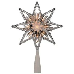 Northlight 8 In. Retro Silver Tinsel 8-Point Star Christmas Tree Topper - Clear Lights