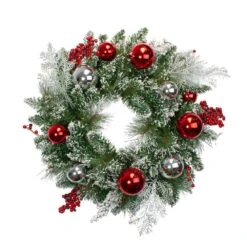 Northlight 24 In. X 6 In. Unlit Flocked Mixed Pine Wreath With Ornaments And Berries Artificial Christmas