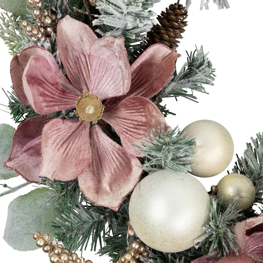 Northlight 24 In. Unlit Pink Floral And Ball Ornament Frosted Pine Artificial Christmas Wreath 6 Northlight 24 In. Unlit Pink Floral And Ball Ornament Frosted Pine Artificial Christmas Wreath - Image 4