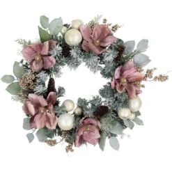 Northlight 24 In. Unlit Pink Floral And Ball Ornament Frosted Pine Artificial Christmas Wreath
