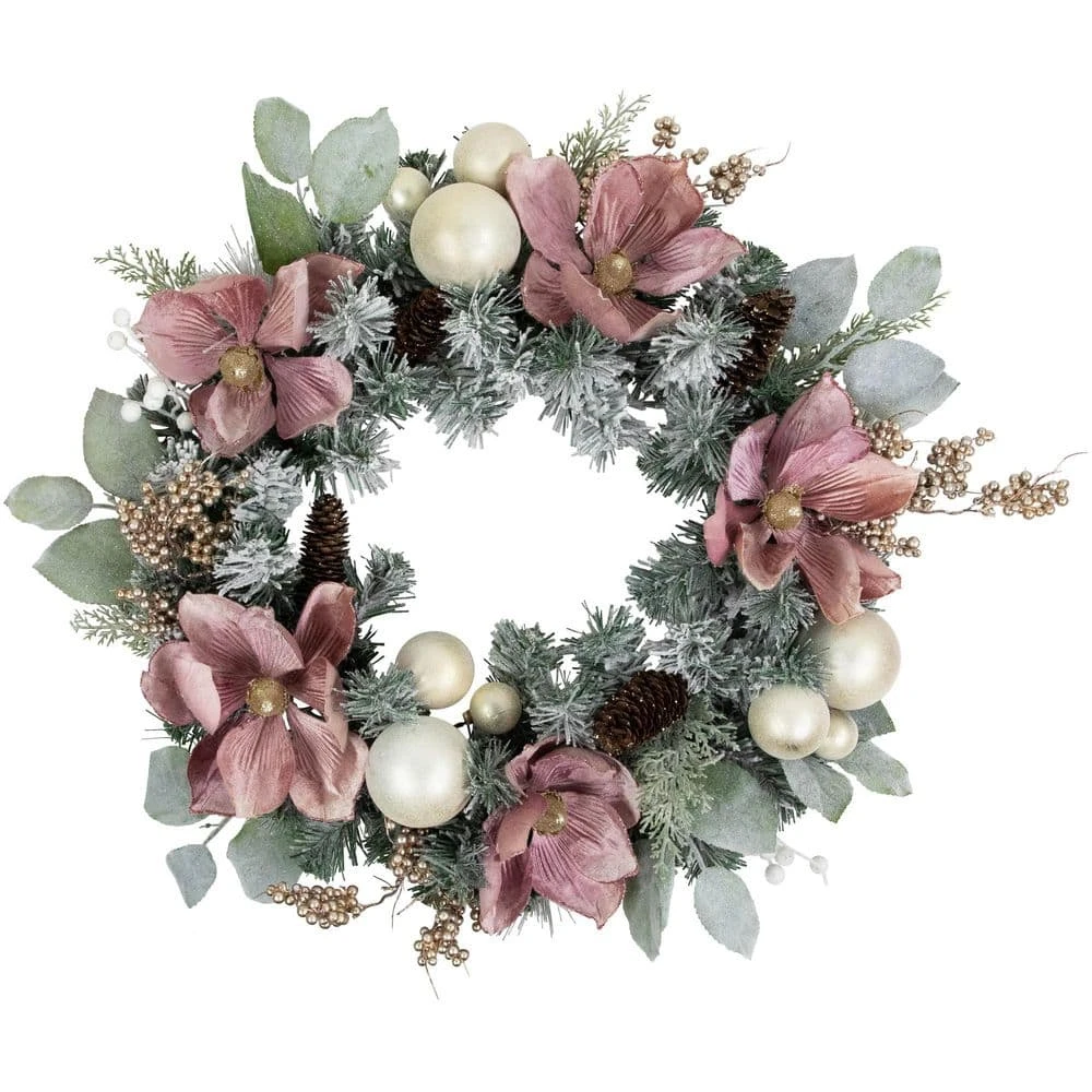 Northlight 24 In. Unlit Pink Floral And Ball Ornament Frosted Pine Artificial Christmas Wreath 3 Northlight 24 In. Unlit Pink Floral And Ball Ornament Frosted Pine Artificial Christmas Wreath