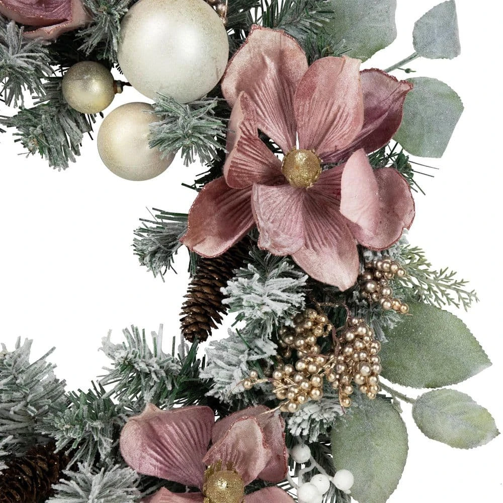 Northlight 24 In. Unlit Pink Floral And Ball Ornament Frosted Pine Artificial Christmas Wreath 9 Northlight 24 In. Unlit Pink Floral And Ball Ornament Frosted Pine Artificial Christmas Wreath - Image 7