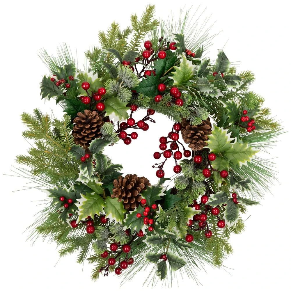 Northlight 24 In. Unlit Holly And Berries Frosted Thistle And Pine Artificial Christmas Wreath 3 Northlight 24 In. Unlit Holly And Berries Frosted Thistle And Pine Artificial Christmas Wreath