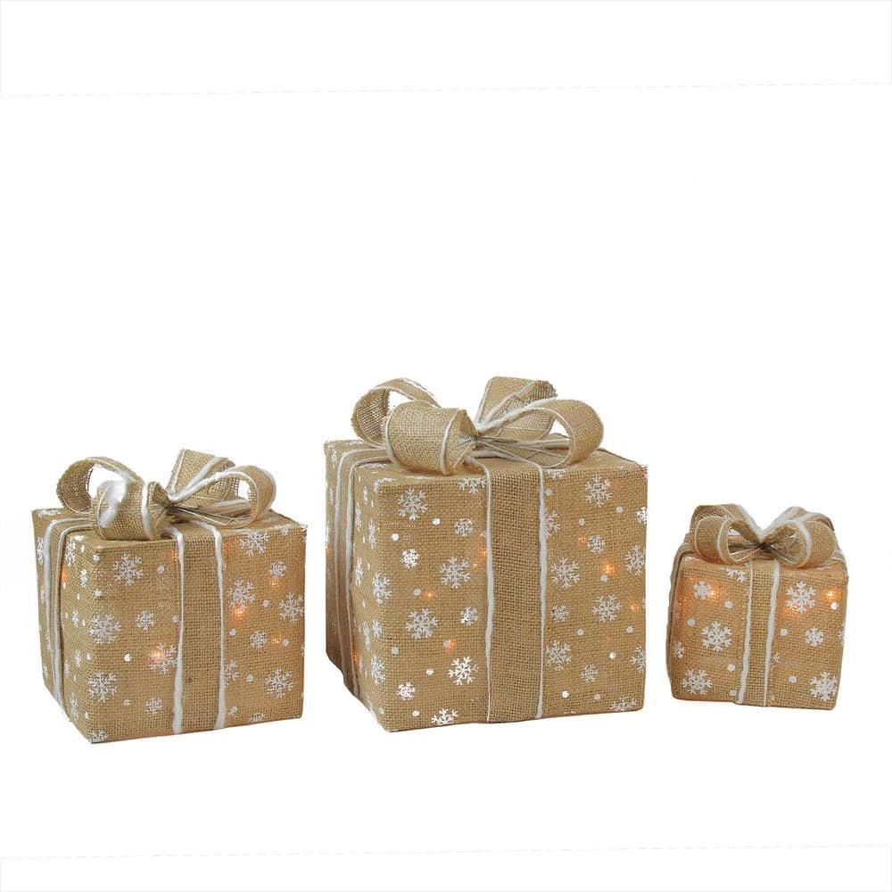 Northlight 11.75 In. Christmas Outdoor Decorations Lighted Natural Snowflake Burlap Gift Boxes (3-Pack) 3 Northlight 11.75 In. Christmas Outdoor Decorations Lighted Natural Snowflake Burlap Gift Boxes (3-Pack)