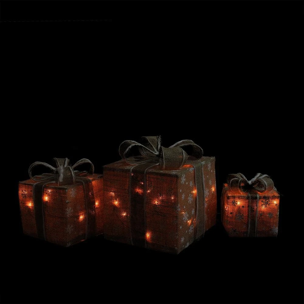 Northlight 11.75 In. Christmas Outdoor Decorations Lighted Natural Snowflake Burlap Gift Boxes (3-Pack) 4 Northlight 11.75 In. Christmas Outdoor Decorations Lighted Natural Snowflake Burlap Gift Boxes (3-Pack) - Image 2