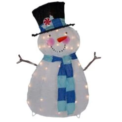 Northlight 32 In. Lighted White And Blue Chenille Snowman Outdoor Christmas Decoration