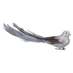 Northlight 8 In. Silver Glitter Embellished Bird With Feathers Clip On Christmas Ornament