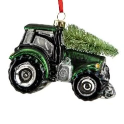 Northlight 4 In. Green Tractor With A Christmas Tree On Top Glass Ornament