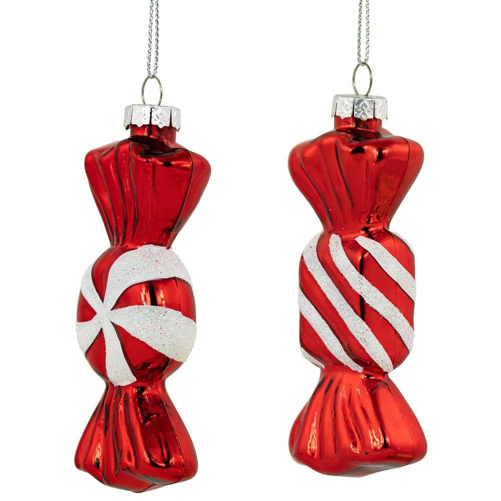 Northlight 4 In. Shiny Red And White Glittered Candy Christmas Glass Ornaments (Set Of 2) 6 Northlight 4 In. Shiny Red And White Glittered Candy Christmas Glass Ornaments (Set Of 2) - Image 4
