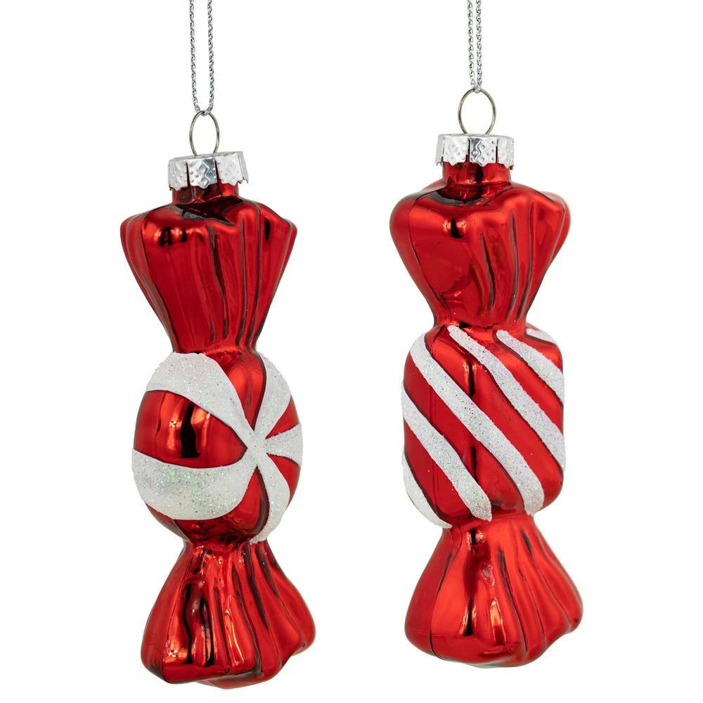 Northlight 4 In. Shiny Red And White Glittered Candy Christmas Glass Ornaments (Set Of 2) 5 Northlight 4 In. Shiny Red And White Glittered Candy Christmas Glass Ornaments (Set Of 2) - Image 3