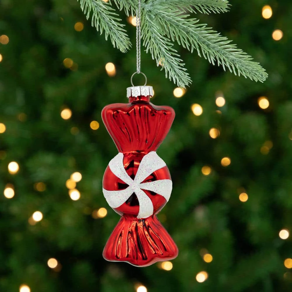 Northlight 4 In. Shiny Red And White Glittered Candy Christmas Glass Ornaments (Set Of 2) 4 Northlight 4 In. Shiny Red And White Glittered Candy Christmas Glass Ornaments (Set Of 2) - Image 2