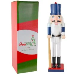 15 In. Wooden Baseball Nutcracker - Baseball Player With White Pin Stripe Uniform And Bat Holiday Decor Nutcracker -Christmas Decor Shop ornativity christmas figurines or 133 4f 1000