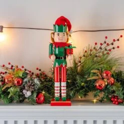 15 In. Wooden Christmas Elf Holiday Nutcracker-Red And Green Elf With Candy Cane And Gift Box Holiday Nutcracker Decor -Christmas Decor Shop ornativity christmas figurines or 169 1f 1000