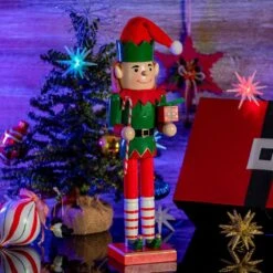 15 In. Wooden Christmas Elf Holiday Nutcracker-Red And Green Elf With Candy Cane And Gift Box Holiday Nutcracker Decor -Christmas Decor Shop ornativity christmas figurines or 169 4f 1000