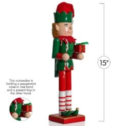 15 In. Wooden Christmas Elf Holiday Nutcracker-Red And Green Elf With Candy Cane And Gift Box Holiday Nutcracker Decor -Christmas Decor Shop ornativity christmas figurines or 169 fa 1000