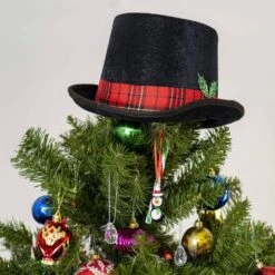 Snowman Hat Tree Topper -Top Hat Christmas Tree Top Decor With Plaid Red Ribbon And Mistletoe Holly And Berry -Christmas Decor Shop ornativity christmas tree toppers or 154 4f 1000