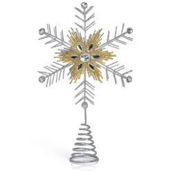 Glitter Snowflake Tree Topper - Silver And Gold Bare Branches Sparkling Gem Christmas Star Tree Top Decor