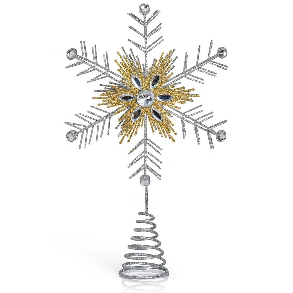 Glitter Snowflake Tree Topper - Silver And Gold Bare Branches Sparkling Gem Christmas Star Tree Top Decor 3 Glitter Snowflake Tree Topper - Silver And Gold Bare Branches Sparkling Gem Christmas Star Tree Top Decor