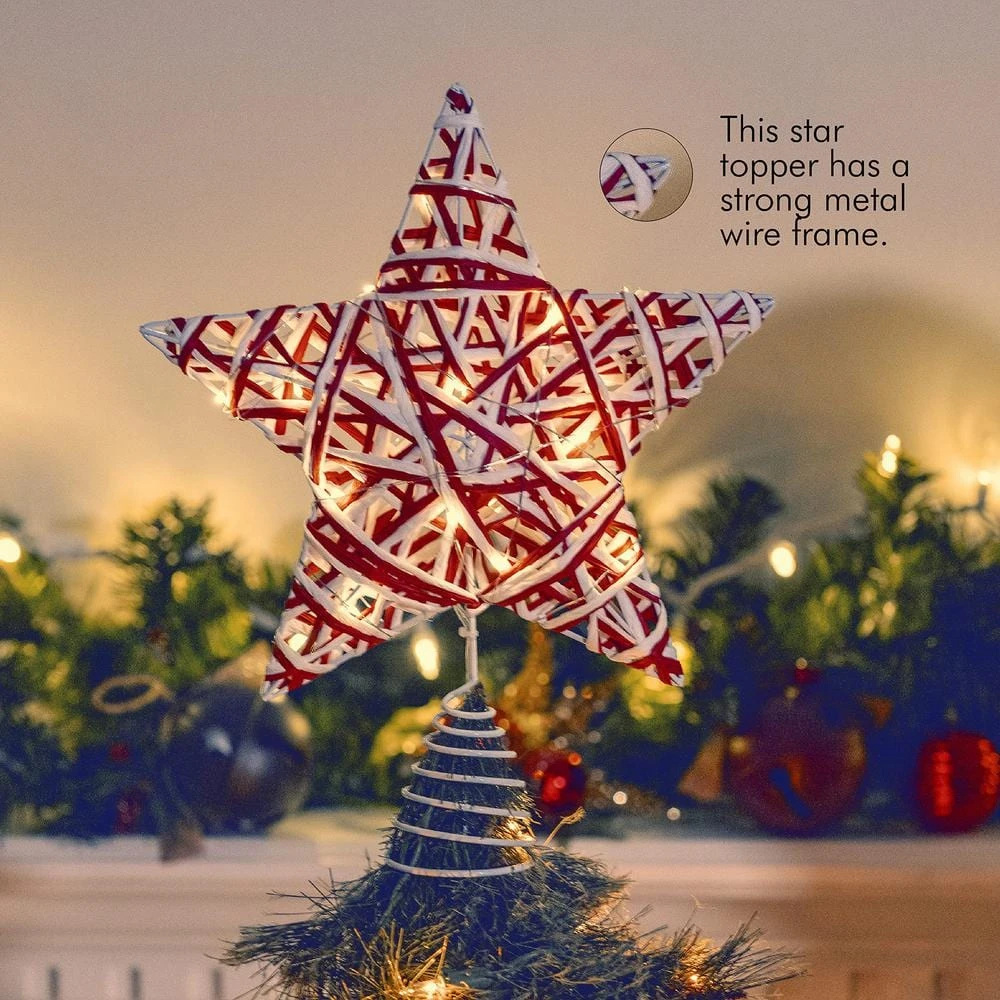 Christmas Rattan Tree Topper - Red And White Xmas Rustic Star LED Light Up Tree Topper Ornament Decoration 7 Christmas Rattan Tree Topper - Red And White Xmas Rustic Star LED Light Up Tree Topper Ornament Decoration - Image 5