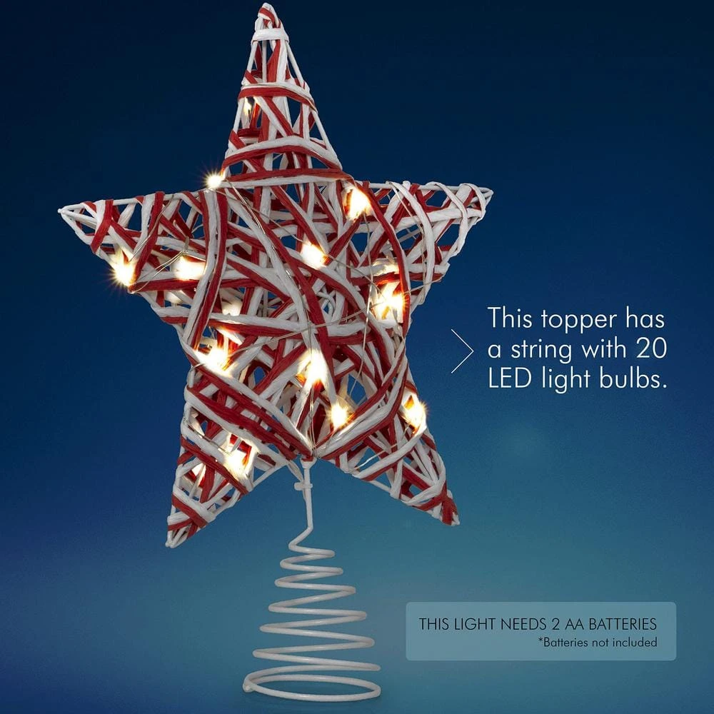 Christmas Rattan Tree Topper - Red And White Xmas Rustic Star LED Light Up Tree Topper Ornament Decoration 4 Christmas Rattan Tree Topper - Red And White Xmas Rustic Star LED Light Up Tree Topper Ornament Decoration - Image 2